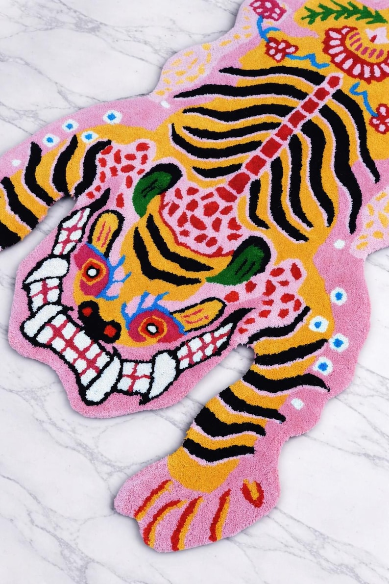 Pink Tibetan Tiger Rug, Hand Tufted Animal Rug, Maximalist Decor, Funky Area Rug for Bedroom, Boho Living Room Carpet, Custom Size image 3