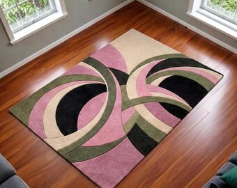 Mid Century Modern Geometric Rug Pink and Olive Green Abstract Area Rug Retro 70s Funky Tufted Rug for Living Room Aesthetic Decor Rug