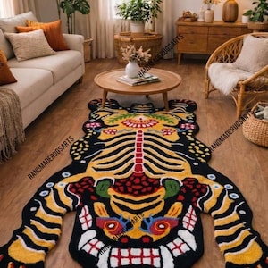 Pink Tibetan Tiger Rug, Hand Tufted Animal Rug, Maximalist Decor, Funky Area Rug for Bedroom, Boho Living Room Carpet, Custom Size Black