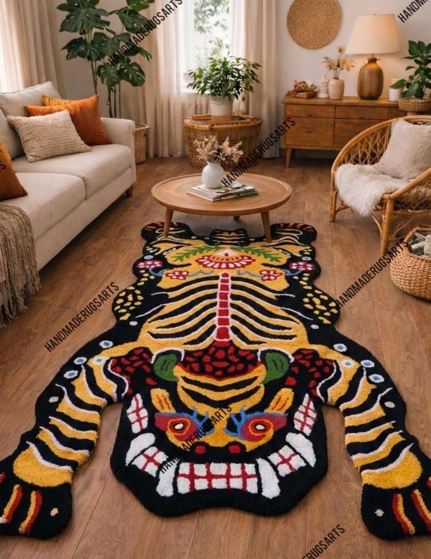 Pink Tibetan Tiger Rug, Hand Tufted Animal Rug, Maximalist Decor Pink Tibetan Tiger Rug, Hand Tufted Animal Rug, Maximalist Decor