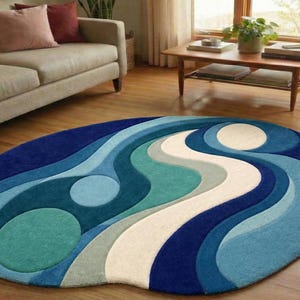 Irregular Shape Hand-Tufted Wool Rug Modern Abstract Ocean Wave Design Blue & Cream Contemporary Area Carpet