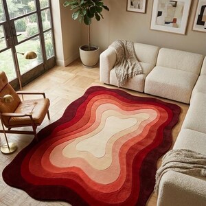 Retro Wavy Irregular Rug, Red Orange Abstract Tufted Rug, Funky Modern Area Rug, Gradient Layer Rug, Mid Century Carpet, Living Room Decor