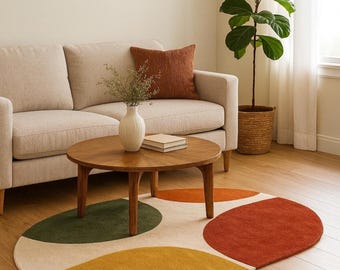 Mid Century Modern Oval Rug, Hand Tufted Wool Area Rug, Abstract Geometric Carpet, Terracotta Mustard Olive Green Living Room Decor