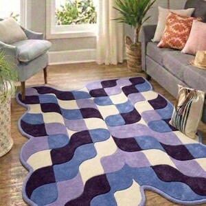Retro Geometric Wavy Rug Blue Purple Checkerboard Area Rug Modern Abstract Handmade Tufted Rug, Mid Century Home Decor Carpet for Living image 2