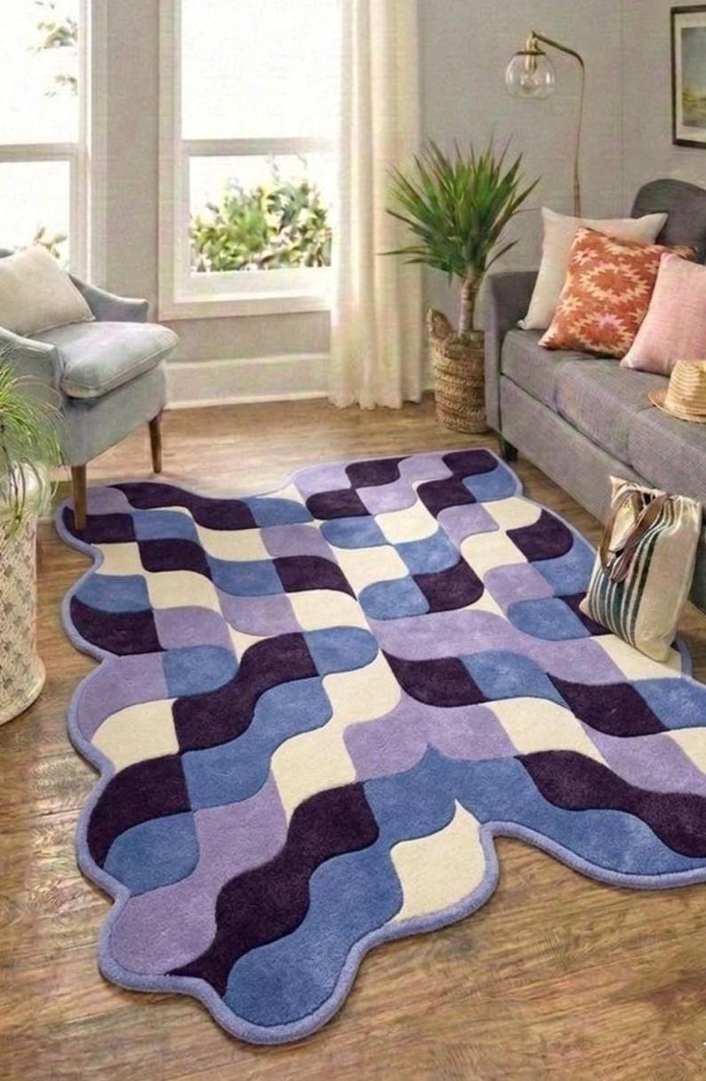 Retro Geometric Wavy Rug Blue Purple Checkerboard Area Rug Modern Abstract Handmade Tufted Rug, Mid Century Home Decor Carpet for Living image 2
