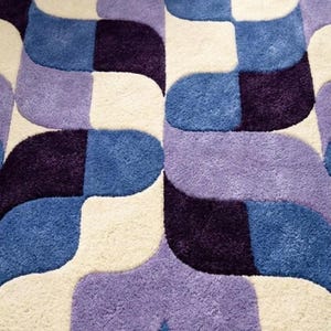 Retro Geometric Wavy Rug Blue Purple Checkerboard Area Rug Modern Abstract Handmade Tufted Rug, Mid Century Home Decor Carpet for Living image 4
