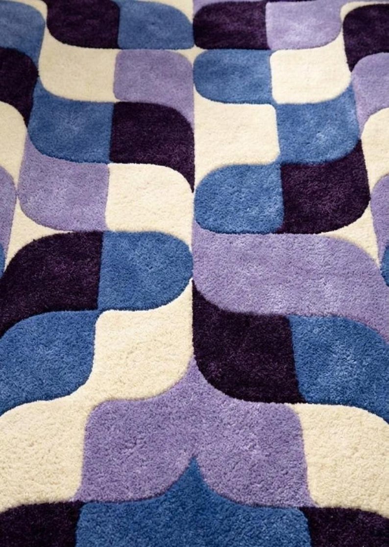 Retro Geometric Wavy Rug Blue Purple Checkerboard Area Rug Modern Abstract Handmade Tufted Rug, Mid Century Home Decor Carpet for Living image 4