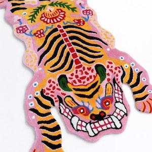 Pink Tibetan Tiger Rug, Hand Tufted Animal Rug, Maximalist Decor, Funky Area Rug for Bedroom, Boho Living Room Carpet, Custom Size image 4