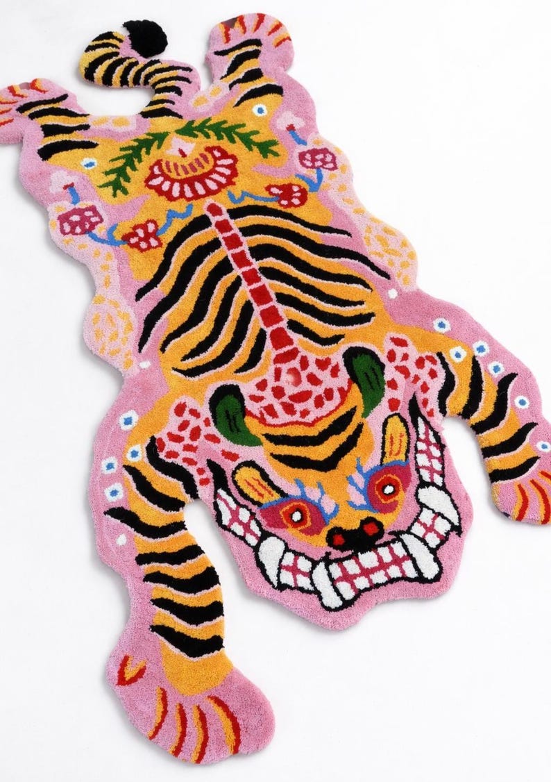 Pink Tibetan Tiger Rug, Hand Tufted Animal Rug, Maximalist Decor, Funky Area Rug for Bedroom, Boho Living Room Carpet, Custom Size image 4