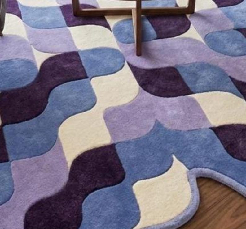 Retro Geometric Wavy Rug Blue Purple Checkerboard Area Rug Modern Abstract Handmade Tufted Rug, Mid Century Home Decor Carpet for Living image 6