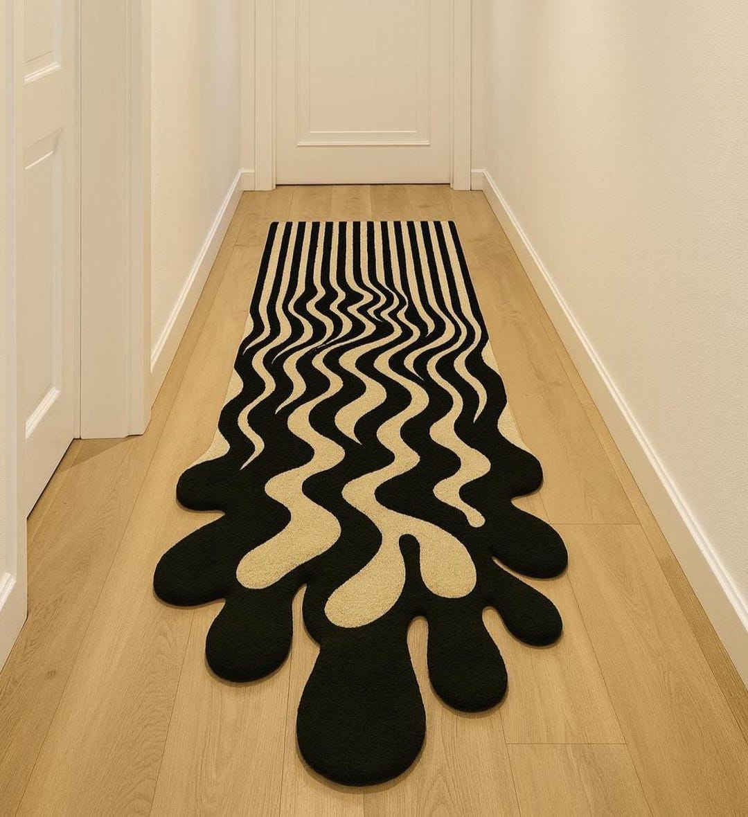 Levitating Rug Melting Runner Rug Trippy Optical Illusion Carpet, Black and White Wavy ...