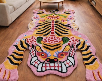 Pink Tibetan Tiger Rug, Hand Tufted Animal Rug, Maximalist Decor, Funky Area Rug for Bedroom, Boho Living Room Carpet, Custom Size