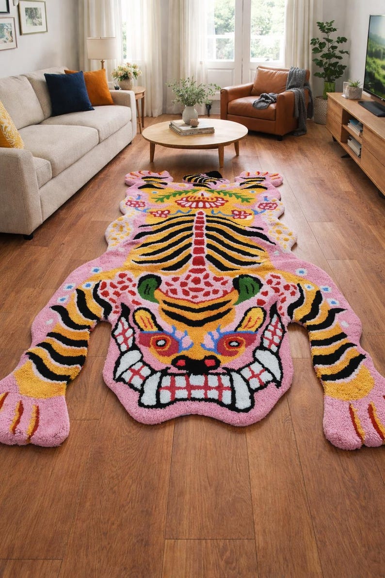 Pink Tibetan Tiger Rug, Hand Tufted Animal Rug, Maximalist Decor, Funky Area Rug for Bedroom, Boho Living Room Carpet, Custom Size Pink