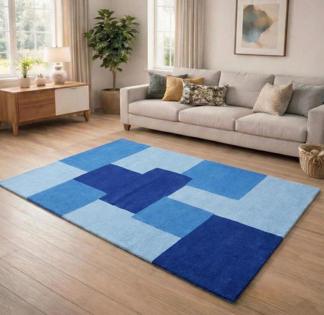 Modern Abstract Blue Wool Rug Handmade Geometric Wool Rug Capitola Hand ...