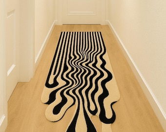 Modern Wavy Runner Rug Abstract Melting Optical Illusion Carpet Irregular Edge Hallway Decor Black & Beige Hand Tufted Rug Entryway