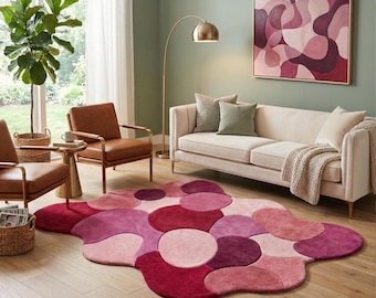Irregular Shaped Abstract Wool Rug Pink and Red Dopamine Decor Hand Tufted Blob Rug for Living Room Funky Funky Wavy Tufted Accent Rug