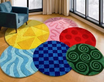 Groovy Psychedelic Round Tufted Rug Handmade Modern Abstract Rug Colorful Checkerboard Round Rug Colorful 70s Style Wool Area Rug