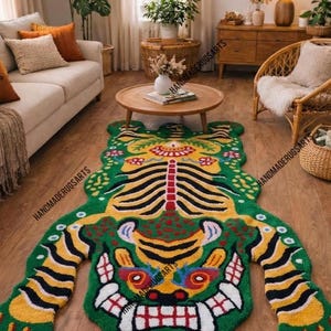 Pink Tibetan Tiger Rug, Hand Tufted Animal Rug, Maximalist Decor, Funky Area Rug for Bedroom, Boho Living Room Carpet, Custom Size Green