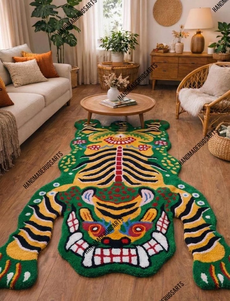 Pink Tibetan Tiger Rug, Hand Tufted Animal Rug, Maximalist Decor, Funky Area Rug for Bedroom, Boho Living Room Carpet, Custom Size Green