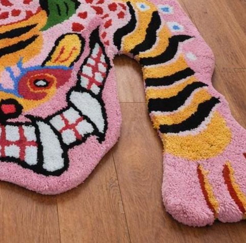 Pink Tibetan Tiger Rug, Hand Tufted Animal Rug, Maximalist Decor, Funky Area Rug for Bedroom, Boho Living Room Carpet, Custom Size image 7