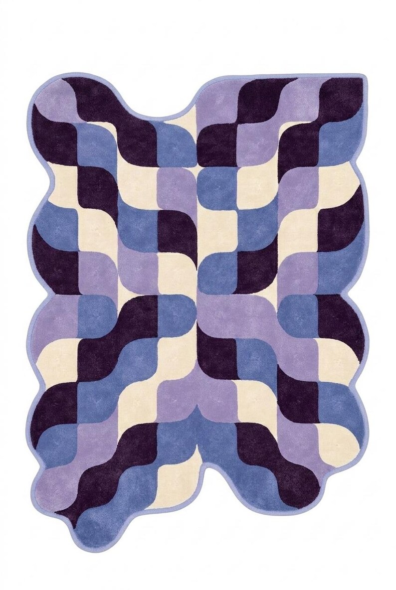 Retro Geometric Wavy Rug Blue Purple Checkerboard Area Rug Modern Abstract Handmade Tufted Rug, Mid Century Home Decor Carpet for Living image 8