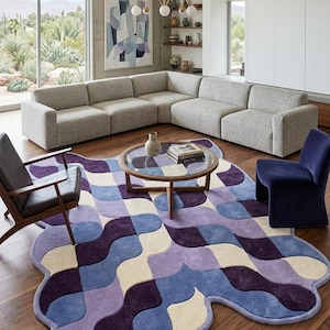 Retro Geometric Wavy Rug Blue Purple Checkerboard Area Rug Modern Abstract Handmade Tufted Rug, Mid Century Home Decor Carpet for Living image 1