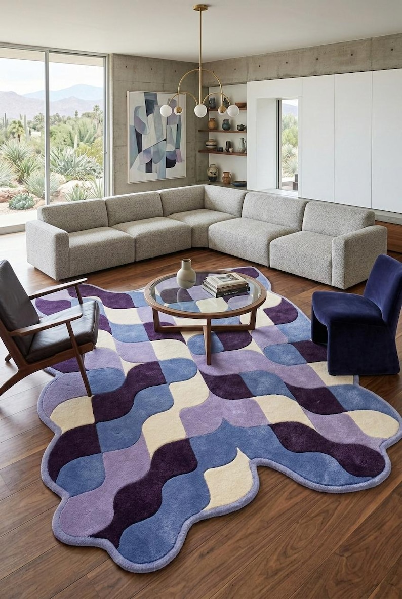 Retro Geometric Wavy Rug Blue Purple Checkerboard Area Rug Modern Abstract Handmade Tufted Rug, Mid Century Home Decor Carpet for Living image 1