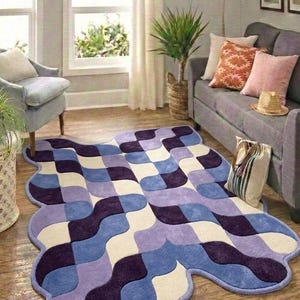 Retro Geometric Wavy Rug Blue Purple Checkerboard Area Rug Modern Abstract Handmade Tufted Rug, Mid Century Home Decor Carpet for Living image 7