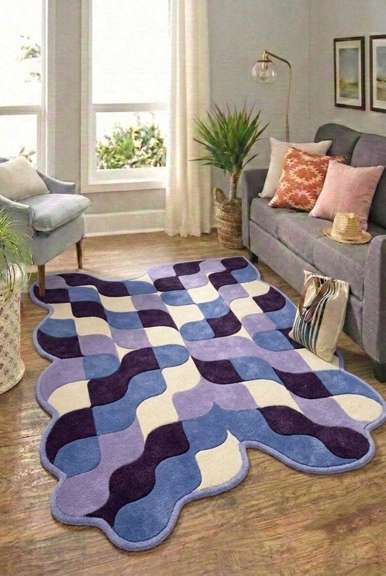 Retro Geometric Wavy Rug Blue Purple Checkerboard Area Rug Modern Abstract Handmade Tufted Rug, Mid Century Home Decor Carpet for Living image 7