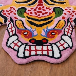 Pink Tibetan Tiger Rug, Hand Tufted Animal Rug, Maximalist Decor, Funky Area Rug for Bedroom, Boho Living Room Carpet, Custom Size image 2