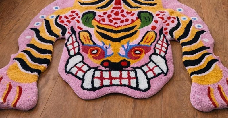 Pink Tibetan Tiger Rug, Hand Tufted Animal Rug, Maximalist Decor, Funky Area Rug for Bedroom, Boho Living Room Carpet, Custom Size image 2