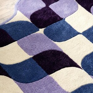 Retro Geometric Wavy Rug Blue Purple Checkerboard Area Rug Modern Abstract Handmade Tufted Rug, Mid Century Home Decor Carpet for Living image 3