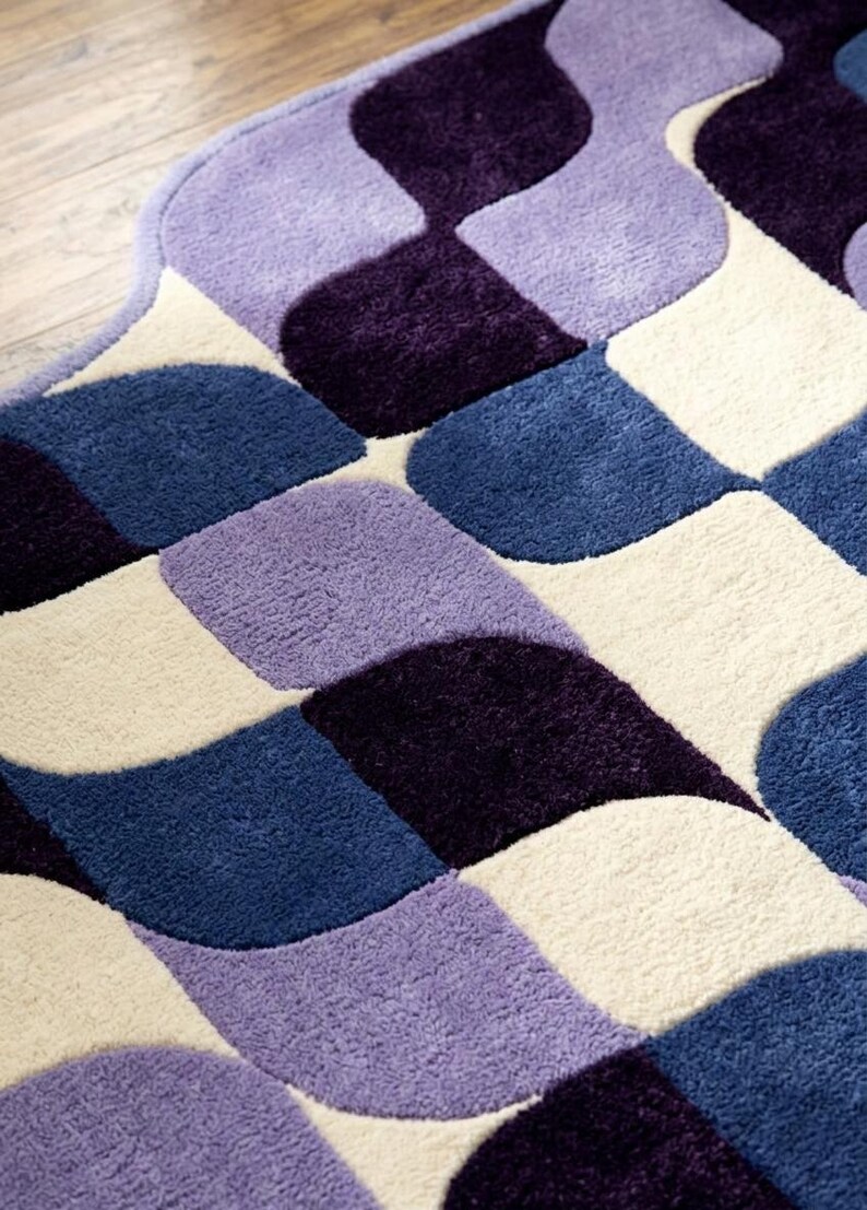 Retro Geometric Wavy Rug Blue Purple Checkerboard Area Rug Modern Abstract Handmade Tufted Rug, Mid Century Home Decor Carpet for Living image 3