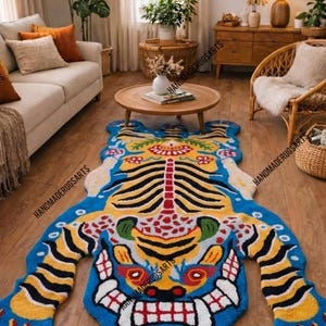 Pink Tibetan Tiger Rug, Hand Tufted Animal Rug, Maximalist Decor, Funky Area Rug for Bedroom, Boho Living Room Carpet, Custom Size Blue