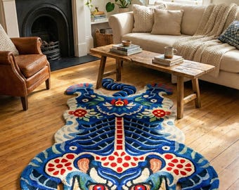 Blue Tibetan Tiger Rug, Hand Tufted Animal Rug, Maximalist Decor, Funky Area Rug for Bedroom, Boho Living Room Carpet, Custom Size