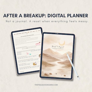 Può includere: Due tablet digitali che mostrano un'agenda digitale. Un tablet mostra una pagina con testo e illustrazioni, l'altro mostra un design paesaggistico con la scritta "Back To Myself". Una penna bianca è appoggiata sul secondo tablet. Il testo "AFTER A BREAKUP: DIGITAL PLANNER" è in alto.