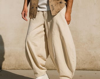 Men's Cotton Linen Harem Pants: Loose Fit Boho Trousers