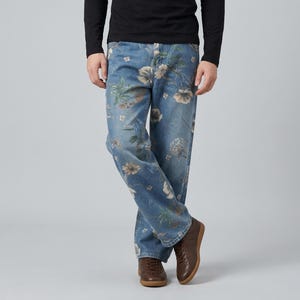Men's Floral Print Wide Leg Jeans – Vintage Style Denim Y2K Streetwear Pant image 1