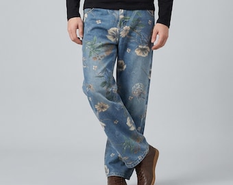 Men's Floral Print Wide Leg Jeans – Vintage Style Denim Y2K Streetwear Pant