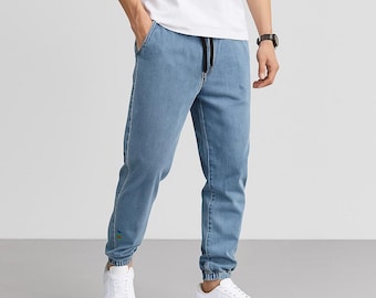 Herren Denim Jogger Hose: Elastische Taille Baumwollmischung Streetwear