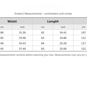 May include: A product measurement chart in a table format, with sizes S, M, L, and XL. The chart includes waist, length, and hips measurements in both centimeters and inches. The waist measurements range from 31.50 to 37.40 inches.