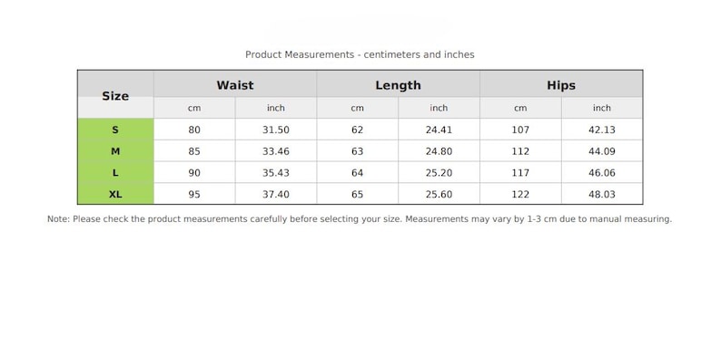 May include: A product measurement chart in a table format, with sizes S, M, L, and XL. The chart includes waist, length, and hips measurements in both centimeters and inches. The waist measurements range from 31.50 to 37.40 inches.