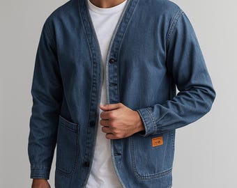 Herren Vintage Style Jeansjacke - Washed Blue Cotton Cardigan