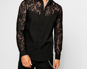 Men's Sheer Floral Lace Shirt - Long Sleeve Slim Fit Top