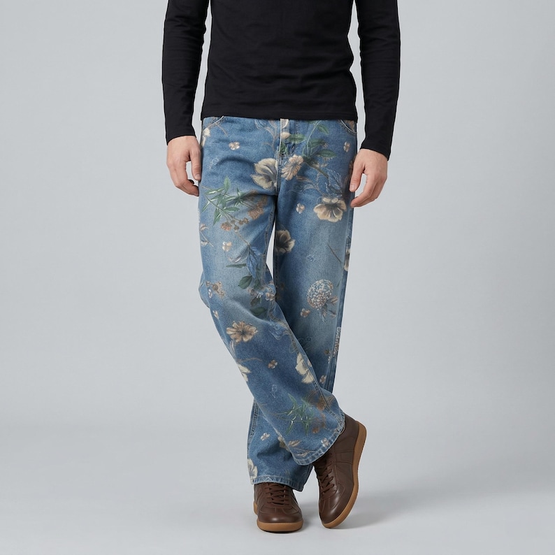 Men's Floral Print Wide Leg Jeans – Vintage Style Denim Y2K Streetwear Pant image 1