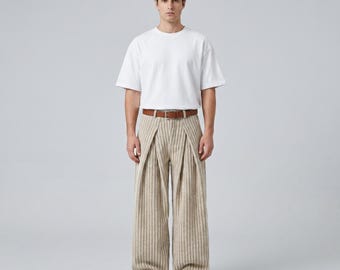 Spodnie męskie w paski z szerokimi nogawkami i plisami – luźne spodnie w stylu streetwear