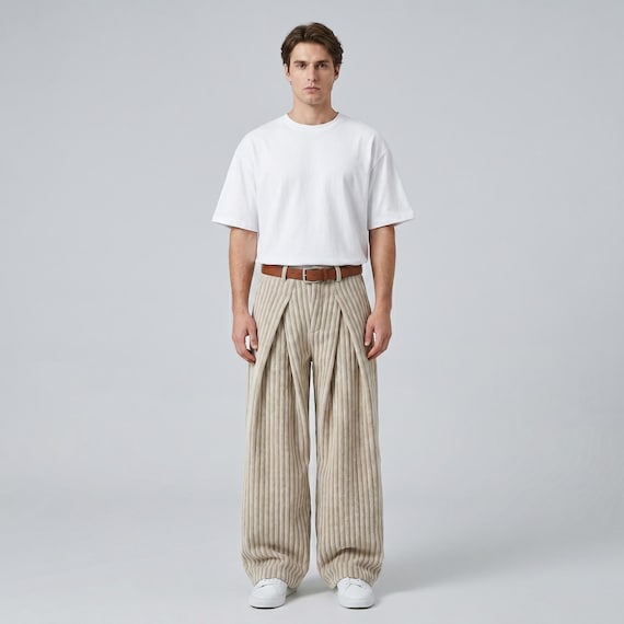 Men's Striped Pleated Wide Leg Trousers – Loose Fit Streetwear Pants