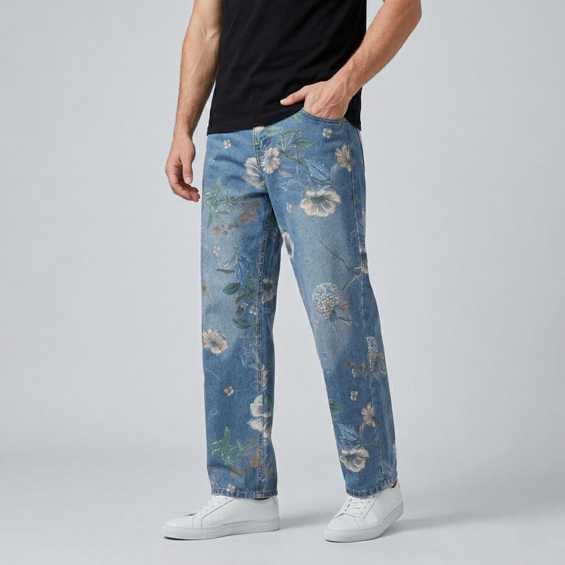 May include: Light blue denim jeans with a floral pattern in shades of white, beige, and green. The jeans have a straight leg cut and are worn with white sneakers. The model is wearing a black t-shirt.