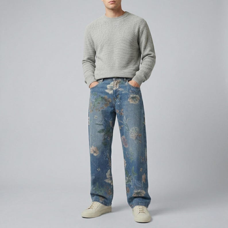 May include: A person wearing a light gray crew neck sweater and blue denim jeans with a floral pattern. The person is also wearing white sneakers. The jeans have a relaxed fit.