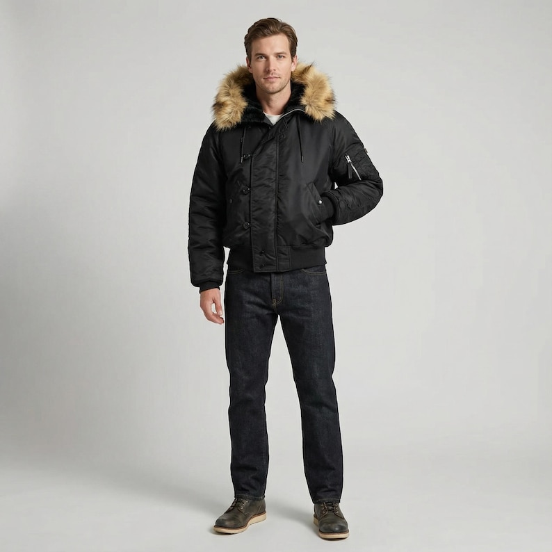 K&ouml;nnte beinhalten: Schwarze Bomberjacke mit Kapuze mit Kunstfellfutter. Die Jacke hat einen Rei&szlig;verschluss, mehrere Taschen sowie gerippte B&uuml;ndchen und Saum. Die Person tr&auml;gt dunkelblaue Jeans und braune Schuhe.